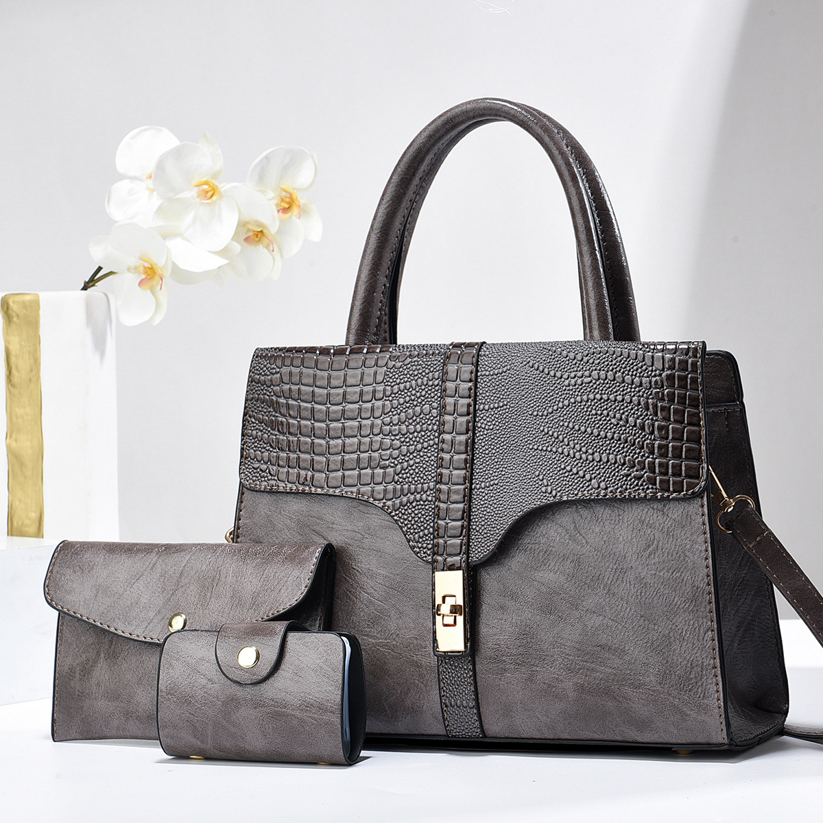Stylish Pattern Leather Tote Womens 3-Piece Handbag Set with Wallet